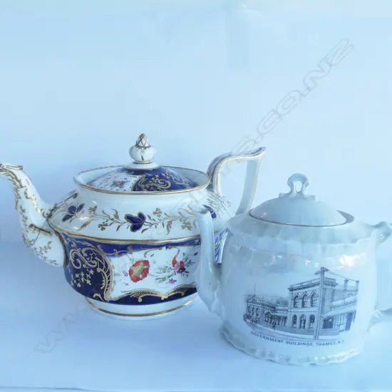 2 TEAPOTS; DERBY AF & THAMES SOUVENIR