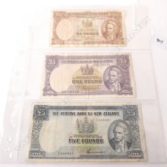 THREE NZ PRE DECIMAL NOTES; 10 SHILLING, 1 POUND & 5 POUND
