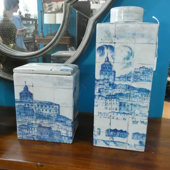 2 LIDDED B/W CONTAINERS H. 420MM