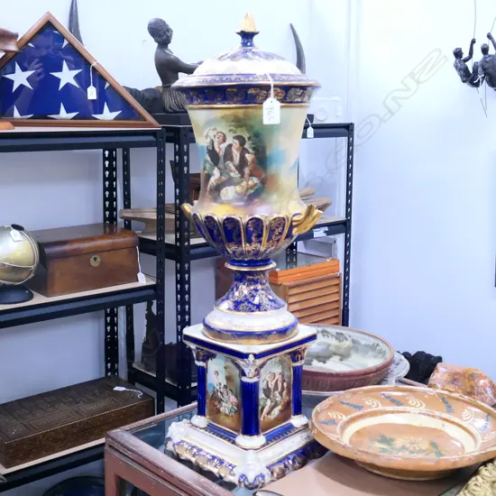 EDWARDIAN 2 HANDLED LIDDED URN ON PLINTH HANDLES BROKE  INSIDE URN H 750 MM