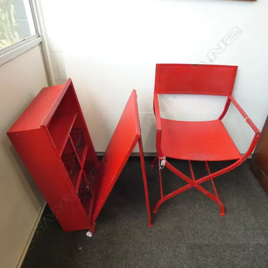 RED METAL FOLD AWAY WALL MOUNTED DESK AND CHAIR