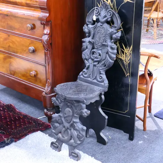 EBONISED CARVED HALL CHAIR