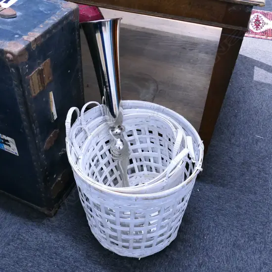 3 CANE BASKETS & CHROME VASE 