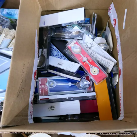 BOX LOT SOUVENIR SPOONS ETC