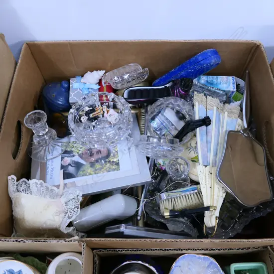 LG BOX  ASST. BEDROOM TABLE ITEMS, TRINKET BOXES ETC.