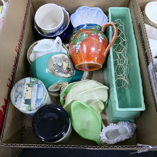 BOX ASST. CHINA INCLUDING 2 JAM JAR CROCKS & CARLTON WARE