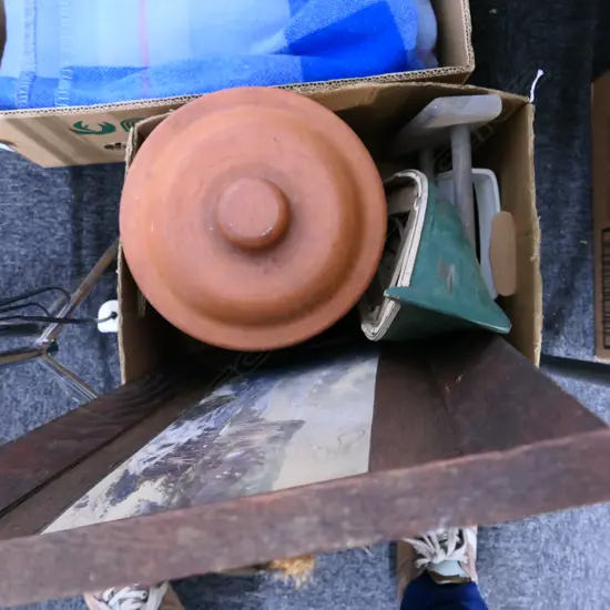 BOX LOT TERRACOTTA POT, BOAT, ART ETC