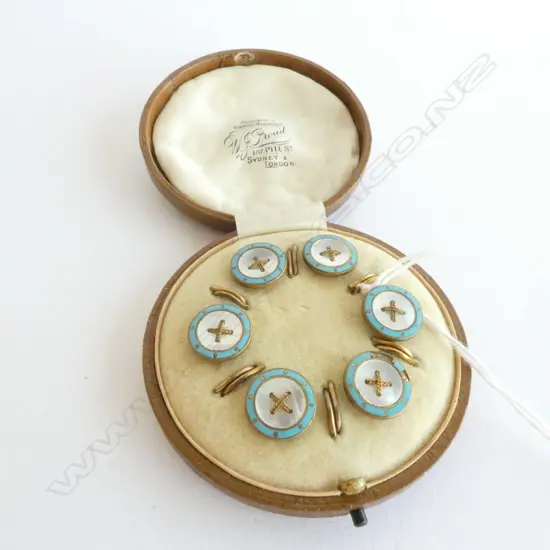SET BUTTONS, ENAmmELLED, LOVELY ANTIQUE SET IN CASE, PROUDS OF SYDNEY