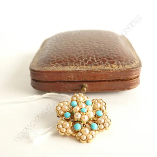 QUALITY GOLD SEED PEARL & TURQUOISE PENDANT BROOCH BOXED