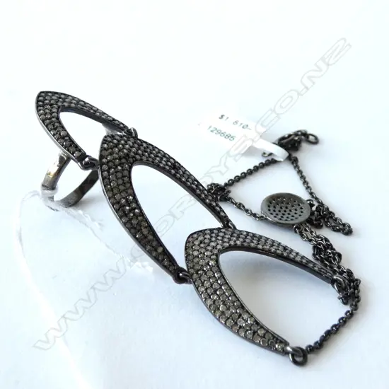 OXIDISED SILVER AND DIAMOND BRACELET RING