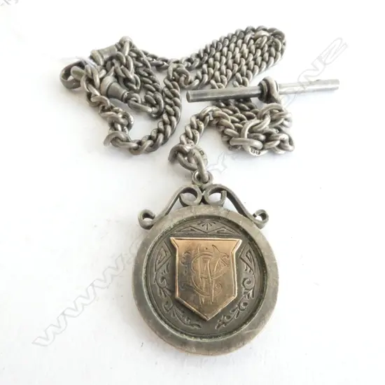 ANTIQUE STG SILVER WATCH CHAIN WITH FOB PENDANT WITH GOLD OVERLAY
