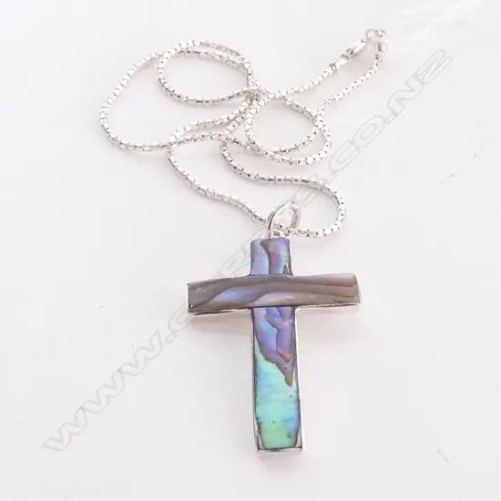 SILVER AND PAUA CROSS WITH CHAIN