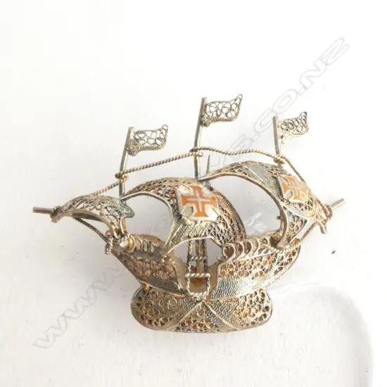 SILVER FILIGREE SAILING SHIP BROOCH L. 47MM