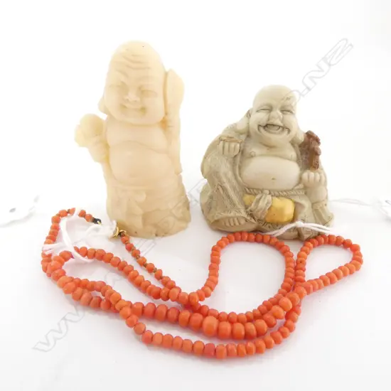 9CT CLASP CORAL NECKLACE + 2 RESIN BUDDHAS 