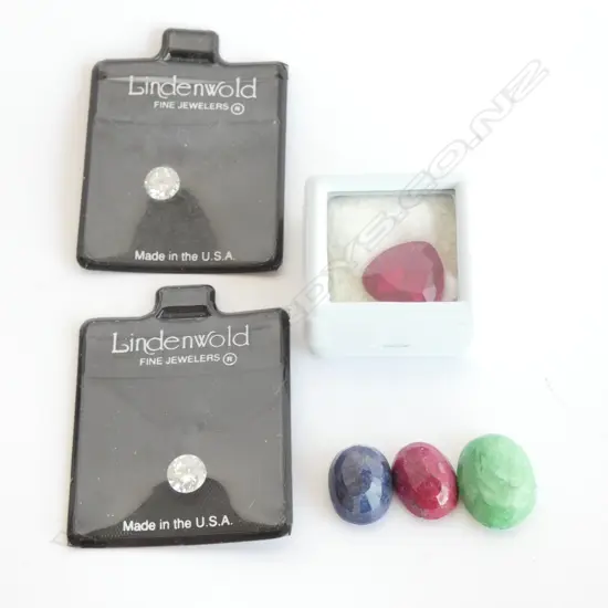 TWO FAUX DIAMONDS/FAUX RUBY/LOW GRADE SAPPHIRE/LOW GRADE RUBY/LOW GRADE EMERALD