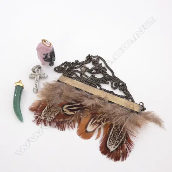 3 ASST PENDANTS INCL JADE & A FEATHER NECKLACE 