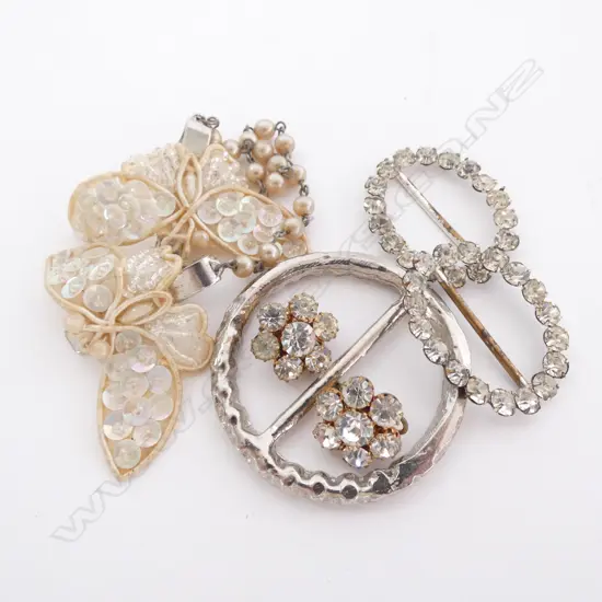 VINTAGE BEADED BUTTERFLY COLLAR CLIPS / RHINESTONE BELT & SHOE BUCKLES & EARRINGS