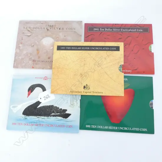 COINS, AUSTRALIA, UNCIRCULATED MINT STERLING SILVER $10 COINS, 1989, 1990, 1991, 1992, 1993 (5)