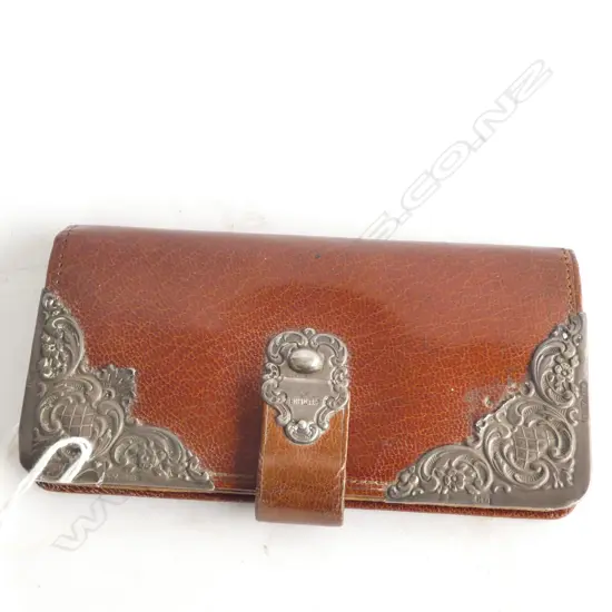 EDWARDIAN SILVER MOUNTED LEATHER PURSE L.130mm