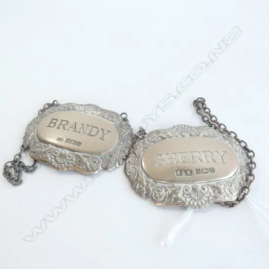 2 SILVER DECANTER LABELS SHERRY & BRANDY 