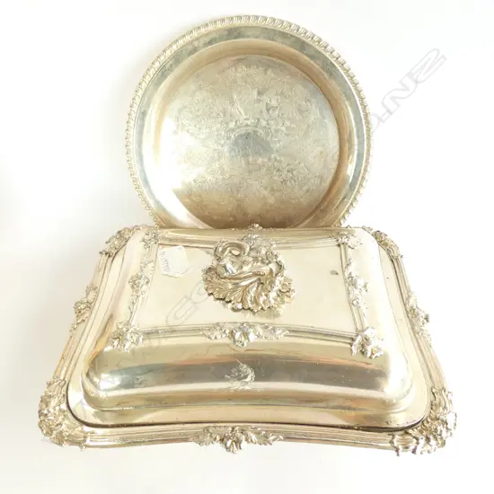 SILVER PLATE LIDDED ENTRE DISH AND A TRAY