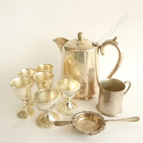 SILVER PLATE HOTWATER JUG & EGG CUPS ETC