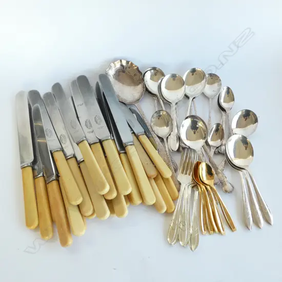 BAG OF SILVER PLATE CUTLERY & FAUX BONE HANDLED KNIVES ETC