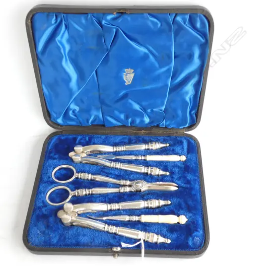 C1900 SILVER PLATE CASED NUT SET IVORY HANDLES