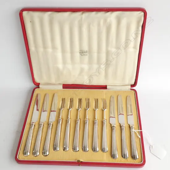 CASED EARLY 20THC SILVER & PLATE FRUIT SET KNIVES & FORKS
