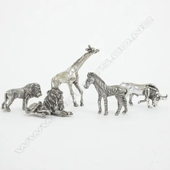 FIVE OLD ITALIAN 800 SILVER ANIMALS; GIRAFFE, OX, ZEBRA, 2 LIONS