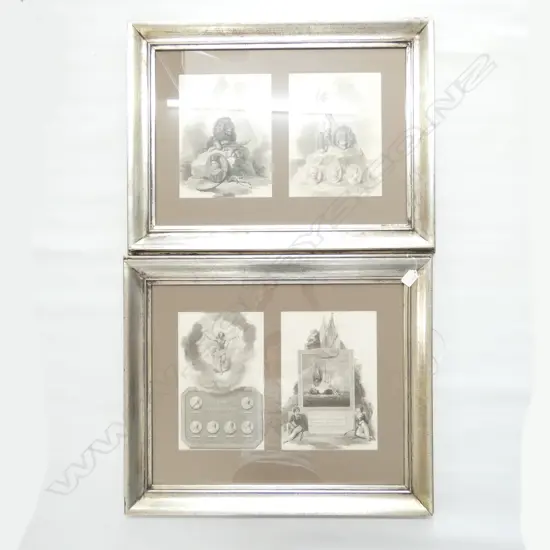 FOUR DECORATIVE 19thC STEEL ENGRAVINGS IN TWO SILVERED TIMBER FRAMES. EACH 560 X 670mm APPROX