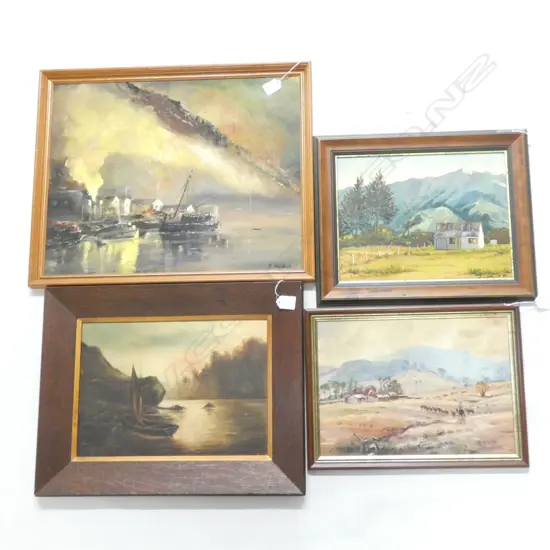 4 LANDSCAPE OILS; R. J. WIGG, J. I. WALLER '96, J. MARSHALL, SAILBOAT EARLY 20thC OAK FRAME