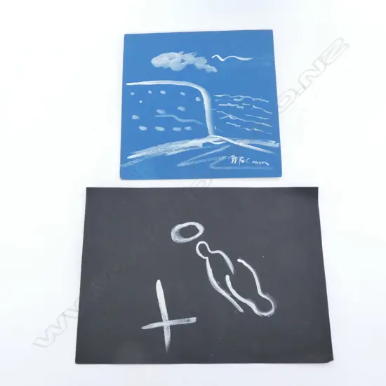 2 WHITE SKETCHES ON COLOURED PAPER