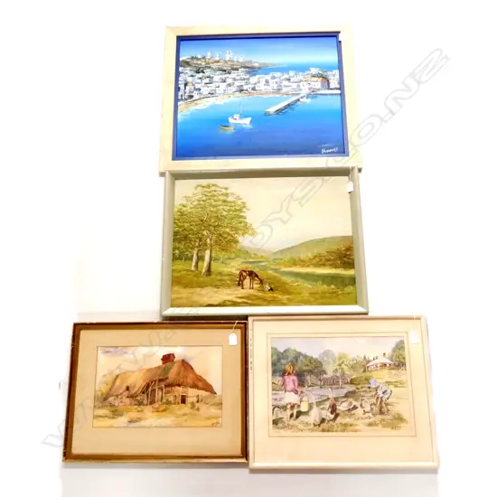 4 ARTWORKS; MYKONOS OIL, C. H. BUTLER LANDSCAPE, B. YATES CHILDREN & GEESE W/C 280 X 410MM, BARN W/C 