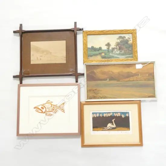 5 ARTWORKS; ESTATE OF BILL REID SALMON PRINT, FARMHOUSE LITHO, PORT LYTTLETON PRINT, W/C, 'ETERNALLY YOURS' PRINT 4/56 