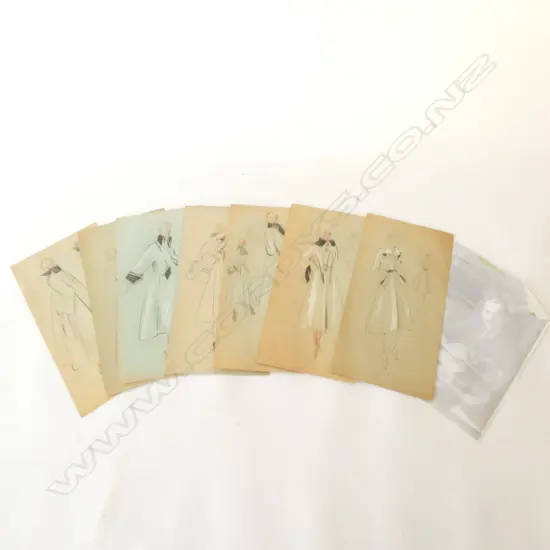 8 LEO TISSANDIE ORIGINAL DRAWN FASHION ILLUSTRATIONS C. 1940's