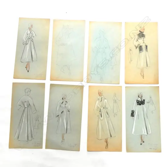 8 LEO TISSANDIE ORIGINAL DRAWN FASHION ILLUSTRATIONS C. 1940's