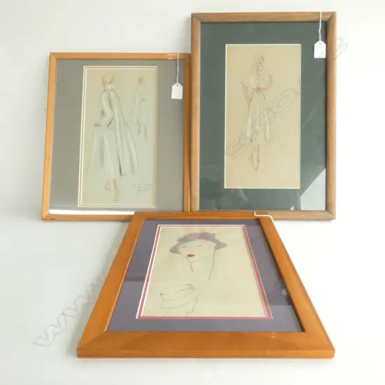 LARGEST 305 X 160MM. Each framed under glass. LEO TISSANDIE ORIGINAL DRAWN FASHION ILLUSTRATIONS C. 1940's