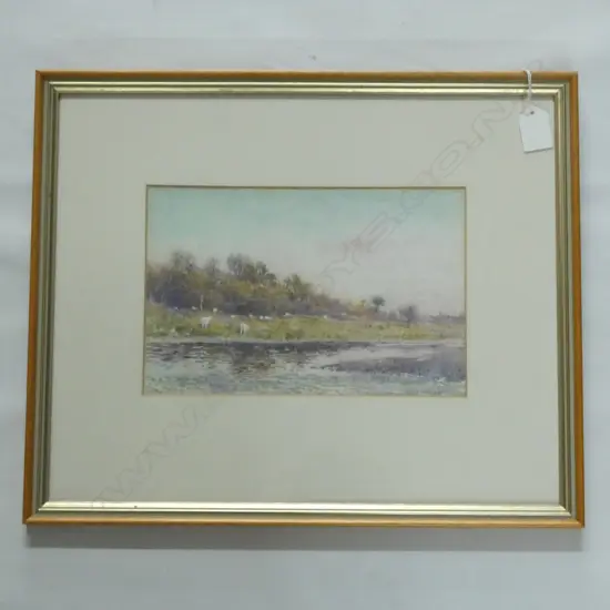 GEORGE HERBERT ELLIOT SHEEP AT RIVERSIDE WATERCOLOUR H165 W255 