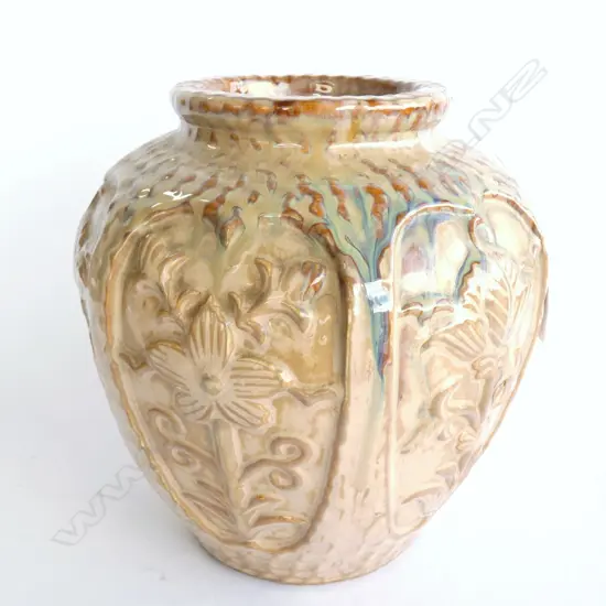 LG ORIENTAL BROWN & GREEN GLAZED STUDIO POTTERY VASE - FLOWER PANELS  H. 260MM