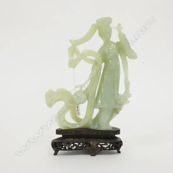 ORIENTAL GREEN CRYSOPHASE LADY W. WOODEN STAND. H. 225MM