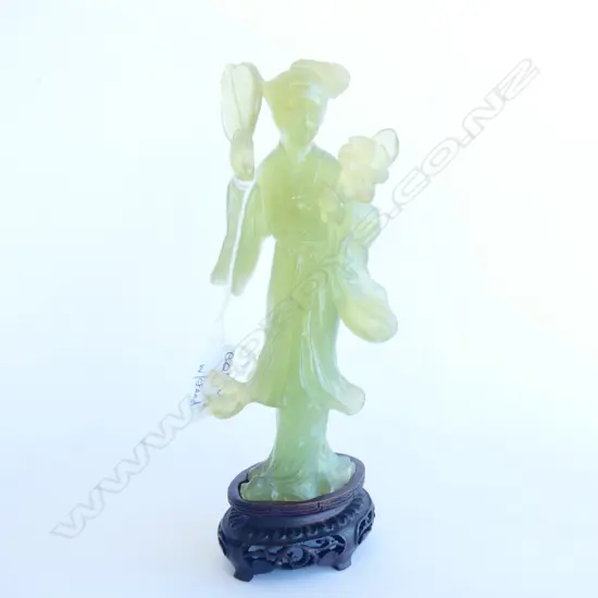ORIENTAL GREEN CRYSOPHASE LADY W. WOODEN STAND H. 180MM
