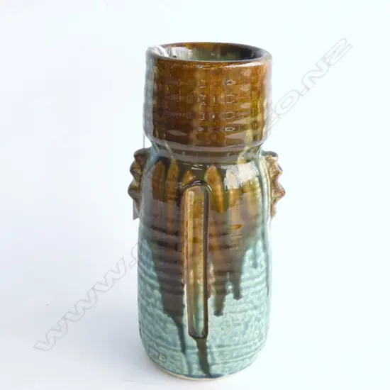 ORIENTAL TRICKLE GLAZE STUDIO POTTERY VASE; BROWN, GREEN GLAZE. STAMP ON SIDE. H. 240MM