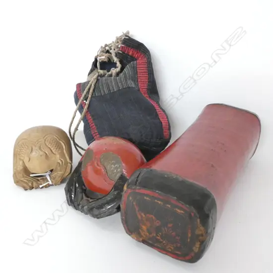 ORIENTAL RED LACQUERED HEAD REST + DENIM BAG & 2 WOODEN PCES 