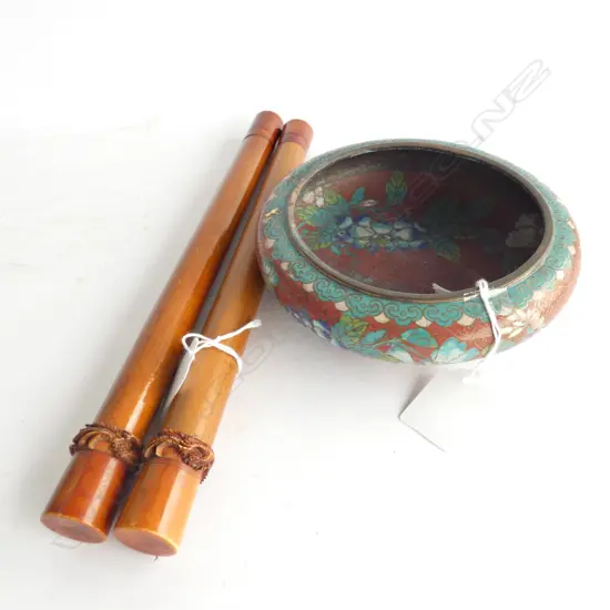 CHINESE CLOISONNE BOWL & PR SCROLL WEIGHTS?
