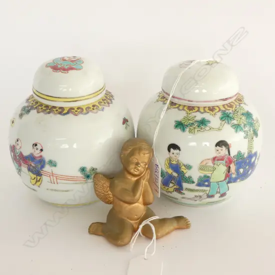 2 MODERN CHINESE GINGER JARS H. 120MM + CERAMIC ANGEL 