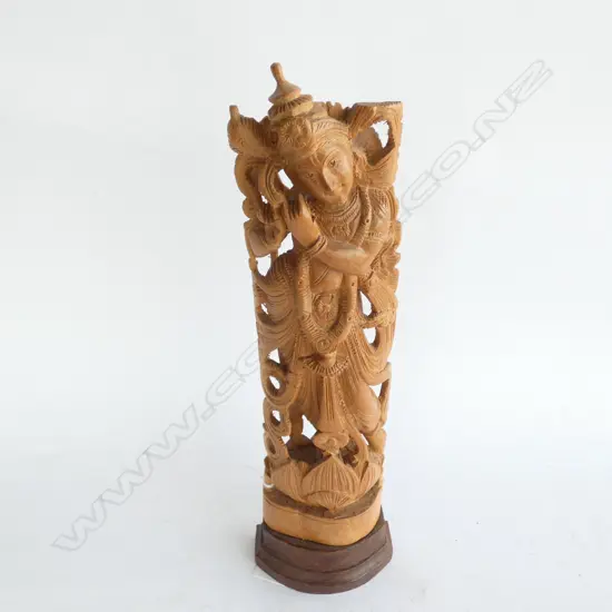 OLD FINELY CARVED WOODEN INDIAN  GODDESS ON ROSEWOOD STAND - FLUTE MISSING H. 290MM
