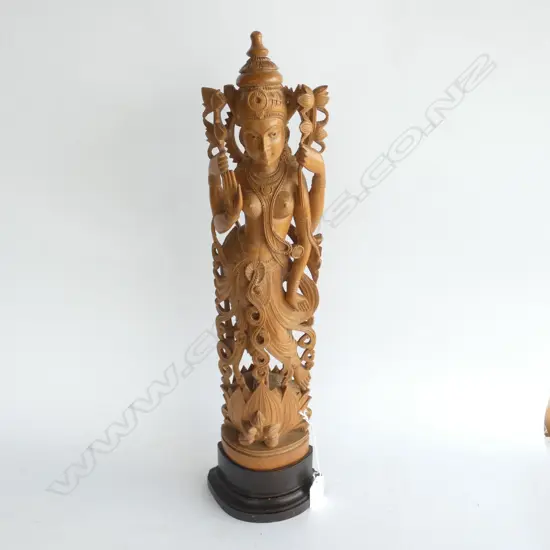 OLD INDIAN FINELY WOODEN CARVED GODDESS ON ROSEWOOD STAND H. 480MM