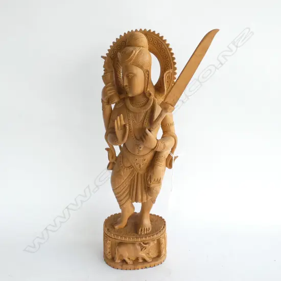 OLD FINELY CARVED WOODEN INDIAN GODDESS ON STAND CARVED WITH BULLOCK & LION H. 400MM