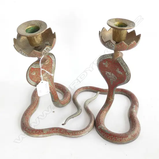 2 INDIAN BRASS CANDLESTICKS COBRA FORM H 210MM